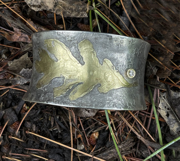 Silver Cuff with Gold Oak Leaf and Diamond - Image 3